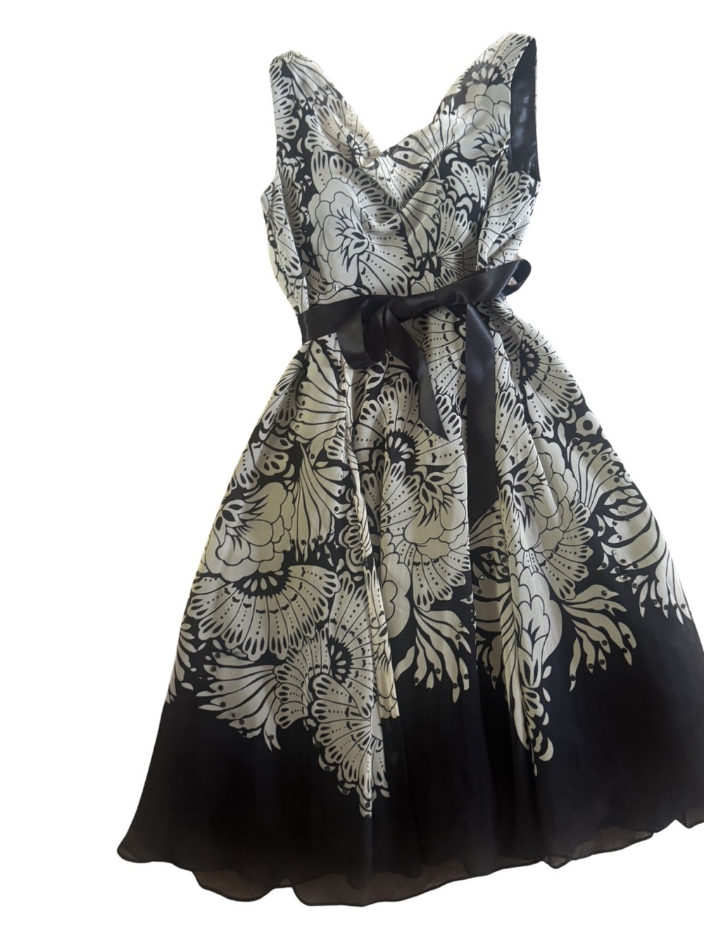 JS Boutique Black & White Floral Fit-and-Flare Dress with Waist Sash